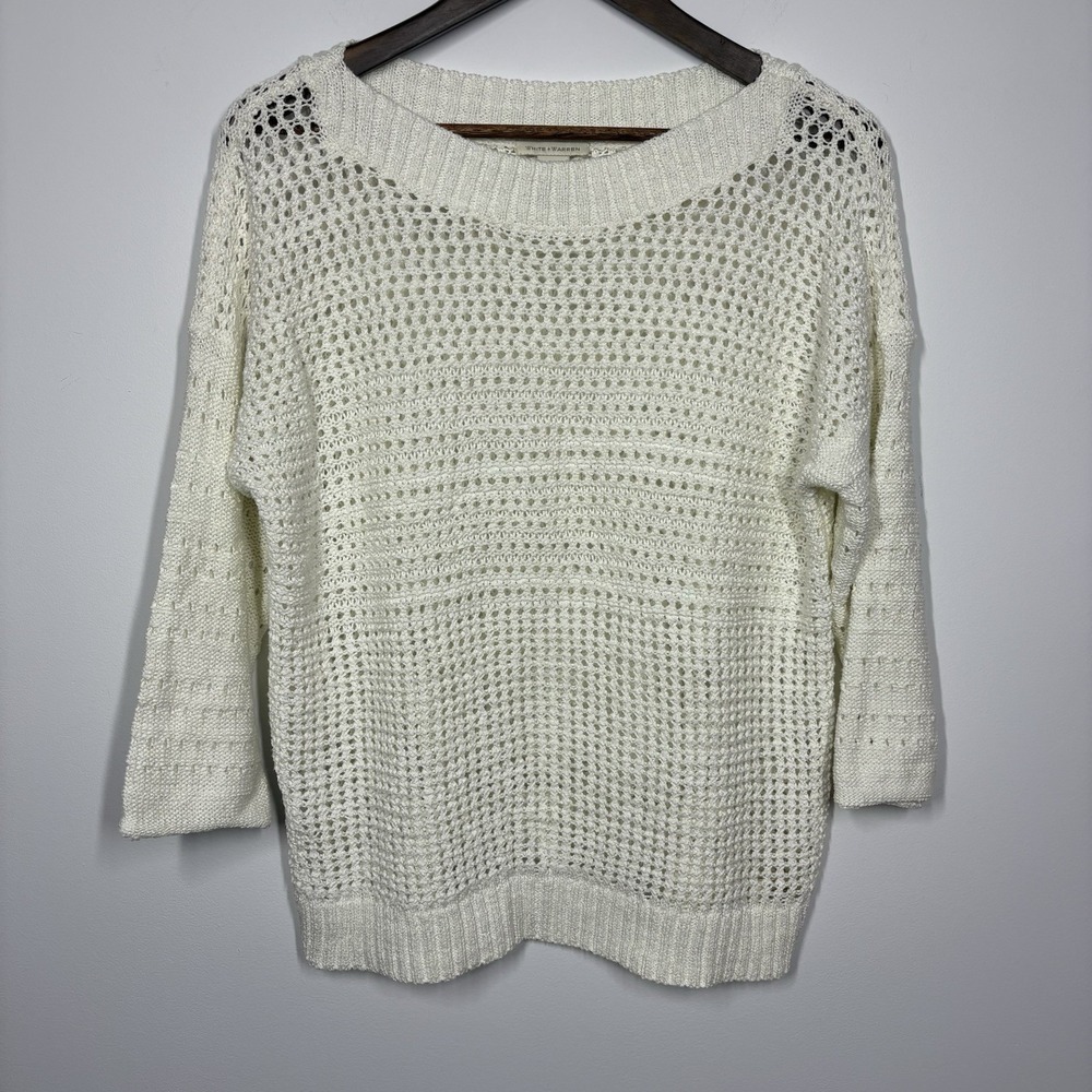 White + Warren Open Knit Sweater Top Ivory Cotton Blend Shimmer Coastal Preppy
